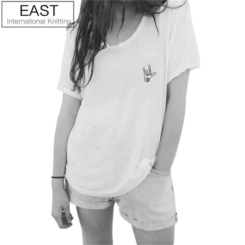 EAST KNITTING H841  New Brand T Shirt Women Harajuku White O-Neck T-shirt Finger Printed Funny Tshirts Casual Plus Size Tees