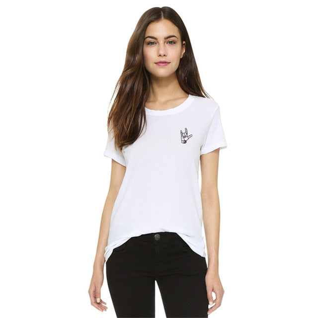 EAST KNITTING H841  New Brand T Shirt Women Harajuku White O-Neck T-shirt Finger Printed Funny Tshirts Casual Plus Size Tees