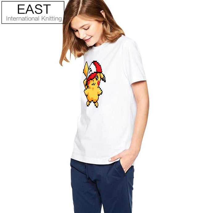 EAST KNITTING H972 New Lovely Character Pikachu Print Women T Shirt White Shirt Sleeve T-shirt Pokemon O-neck Casual 2017 Tshirt