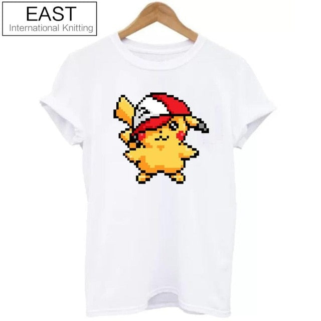 EAST KNITTING H972 New Lovely Character Pikachu Print Women T Shirt White Shirt Sleeve T-shirt Pokemon O-neck Casual 2017 Tshirt