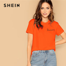 Load image into Gallery viewer, SHEIN Neon Orange Letter Print T Shirt Women 2019 Streetwear Casual Short Sleeve Round Neck Basic Solid Tshirt Ladies Tops