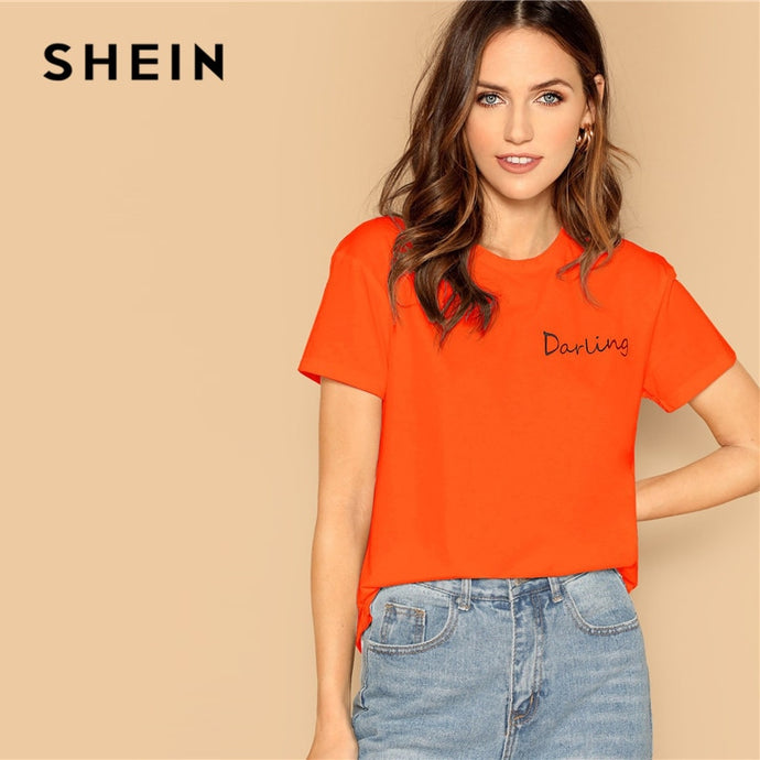 SHEIN Neon Orange Letter Print T Shirt Women 2019 Streetwear Casual Short Sleeve Round Neck Basic Solid Tshirt Ladies Tops